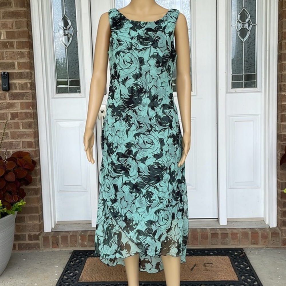 Vintage Meghan‎ Matthews Sleeveless Lined High Lo Black & Mint Floral Dress - 10